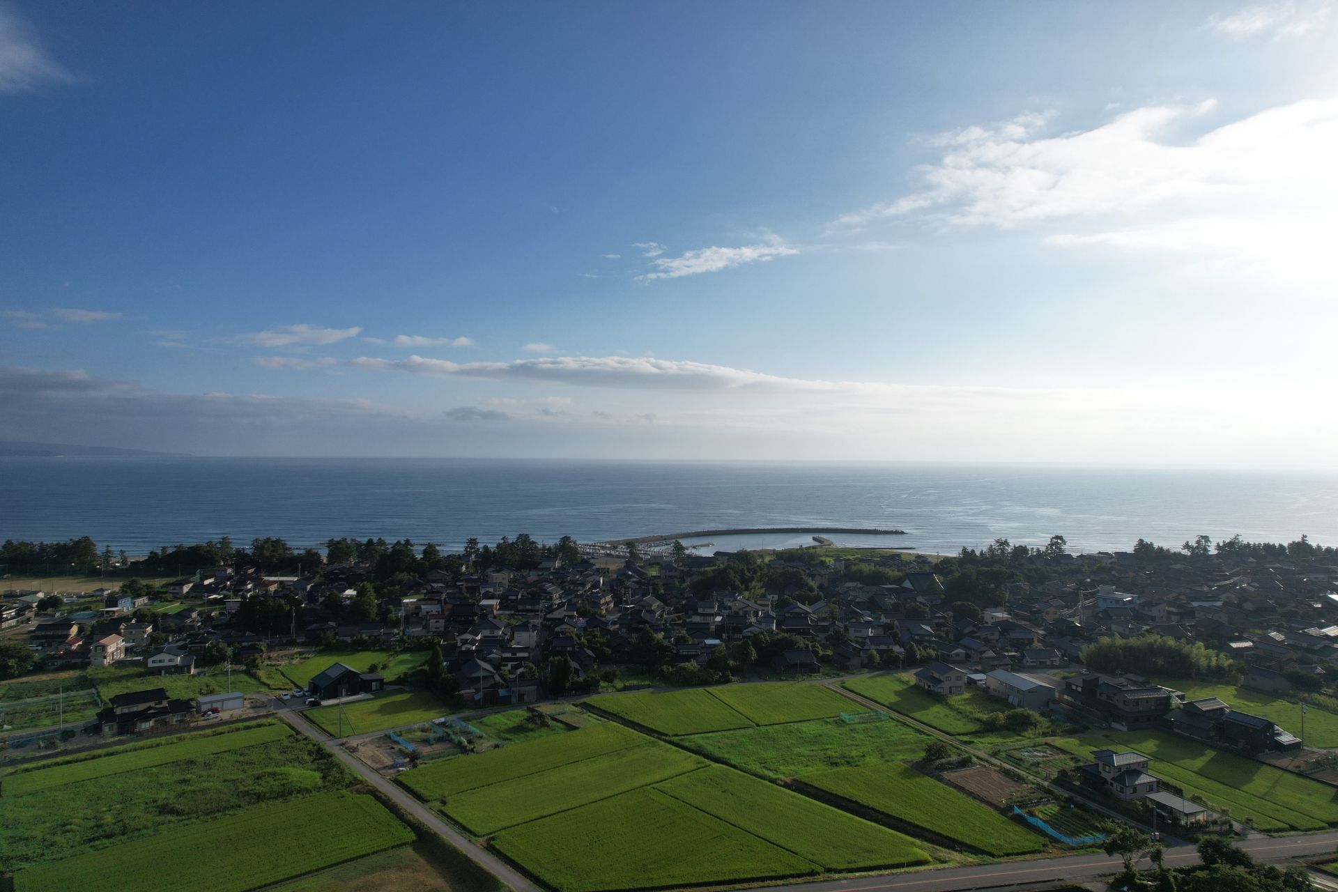 上空から見た氷見の海沿いの集落と田んぼ